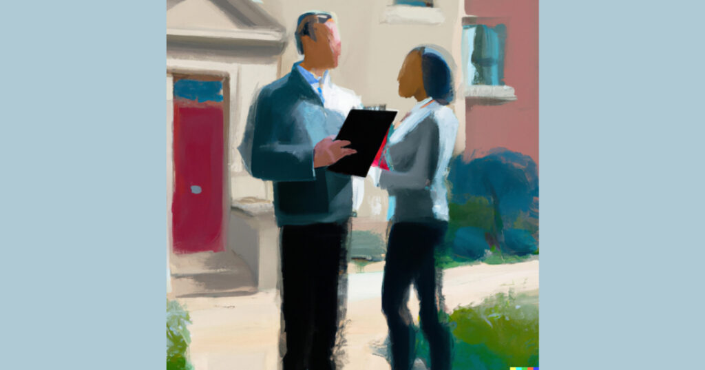 Home buyer and real estate agent discussing offer price in front of a house for sale