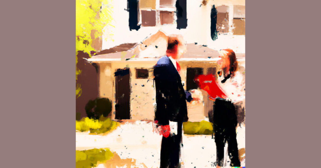 Two people outside a home, one holding a clipboard with a checklist