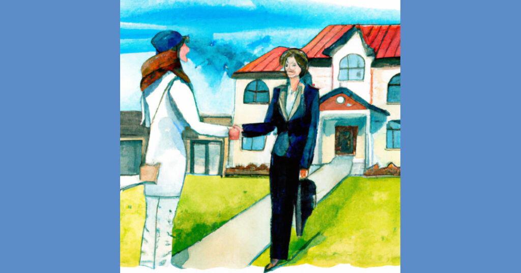 Home buyer and real estate agent shaking hands after successful negotiation in front of a house