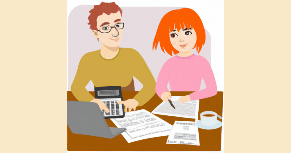 First-time home buyers planning their financial strategy at a table with a laptop, calculator, and financial documents.