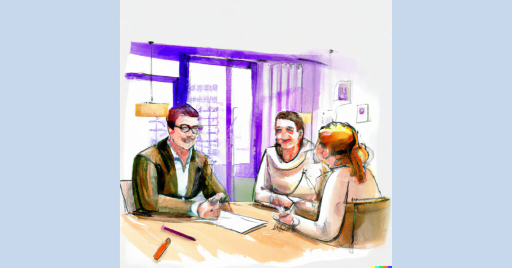 Couple reviewing real estate contract with agent, discussing contingencies in the offer process