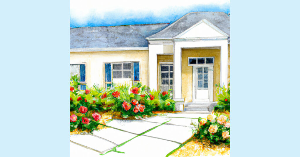 Beautiful front yard with a well-manicured lawn, colorful flowers, trimmed bushes, and an inviting path leading to the front door, along with a tastefully decorated front porch with a rocking chair, potted plants, and outdoor rug, highlighting the importance of curb appeal in attracting potential buyers when selling a home