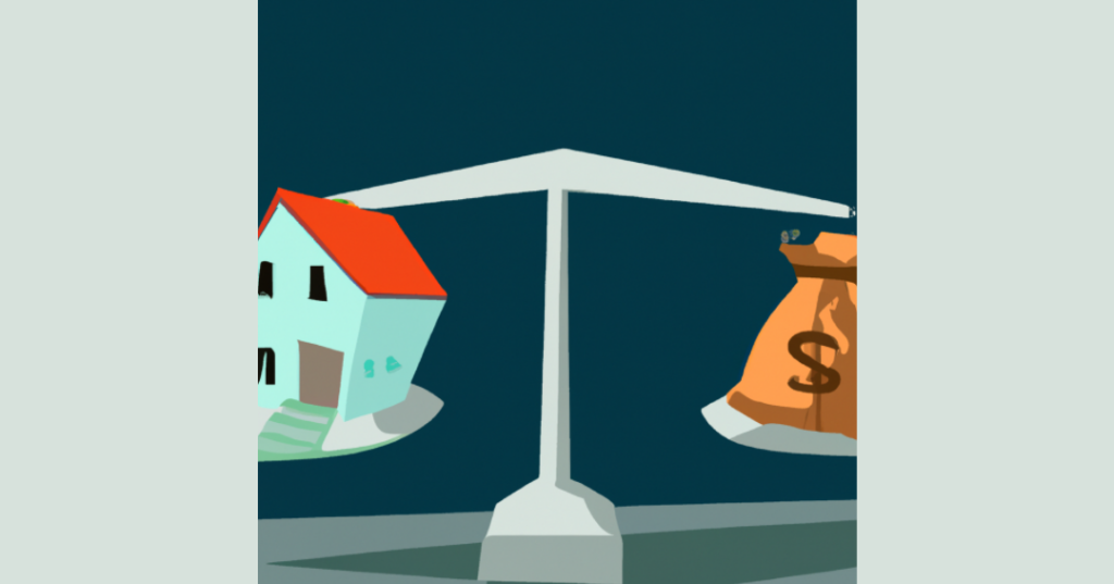 A balance with a house on one side and various factors on the other, including location, market trends, condition, and recent sales of similar homes in the area, representing the importance of balancing these factors when setting the right asking price for a home