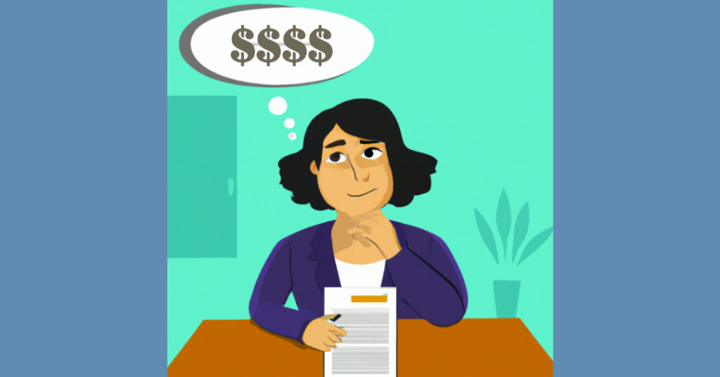 Smirking home seller considering an offer from a potential buyer with a thought bubble above containing dollar signs