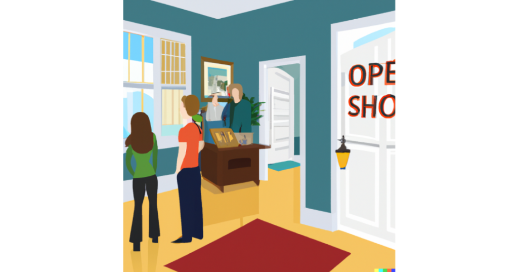 Welcoming open house scene with staged living room, open front door, and interested visitors discussing features, Open House & Showings Guide sign