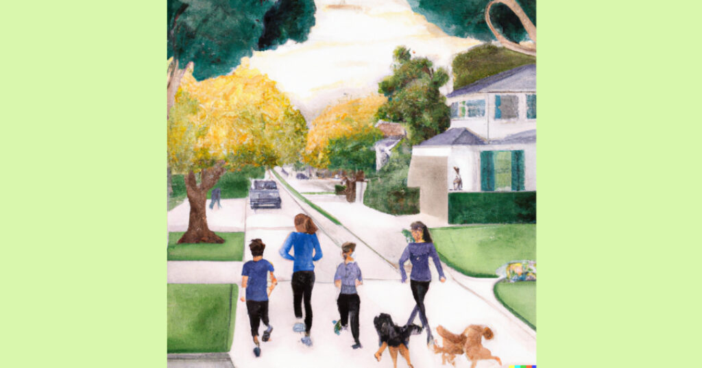 Family enjoying a walk in a picturesque, safe neighborhood with a park and local amenities.